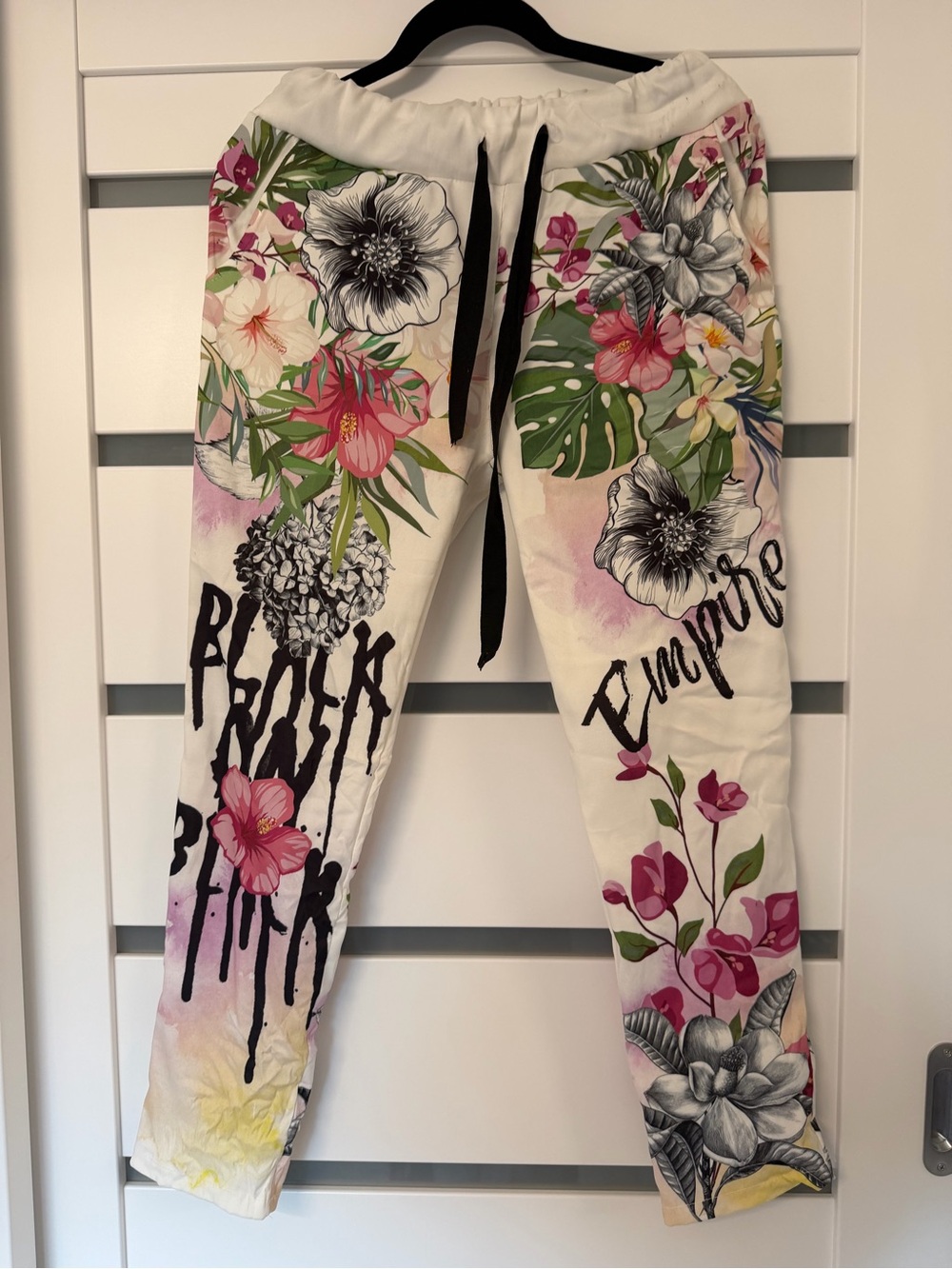 White Floral Print Pants with Pink & Green Accents